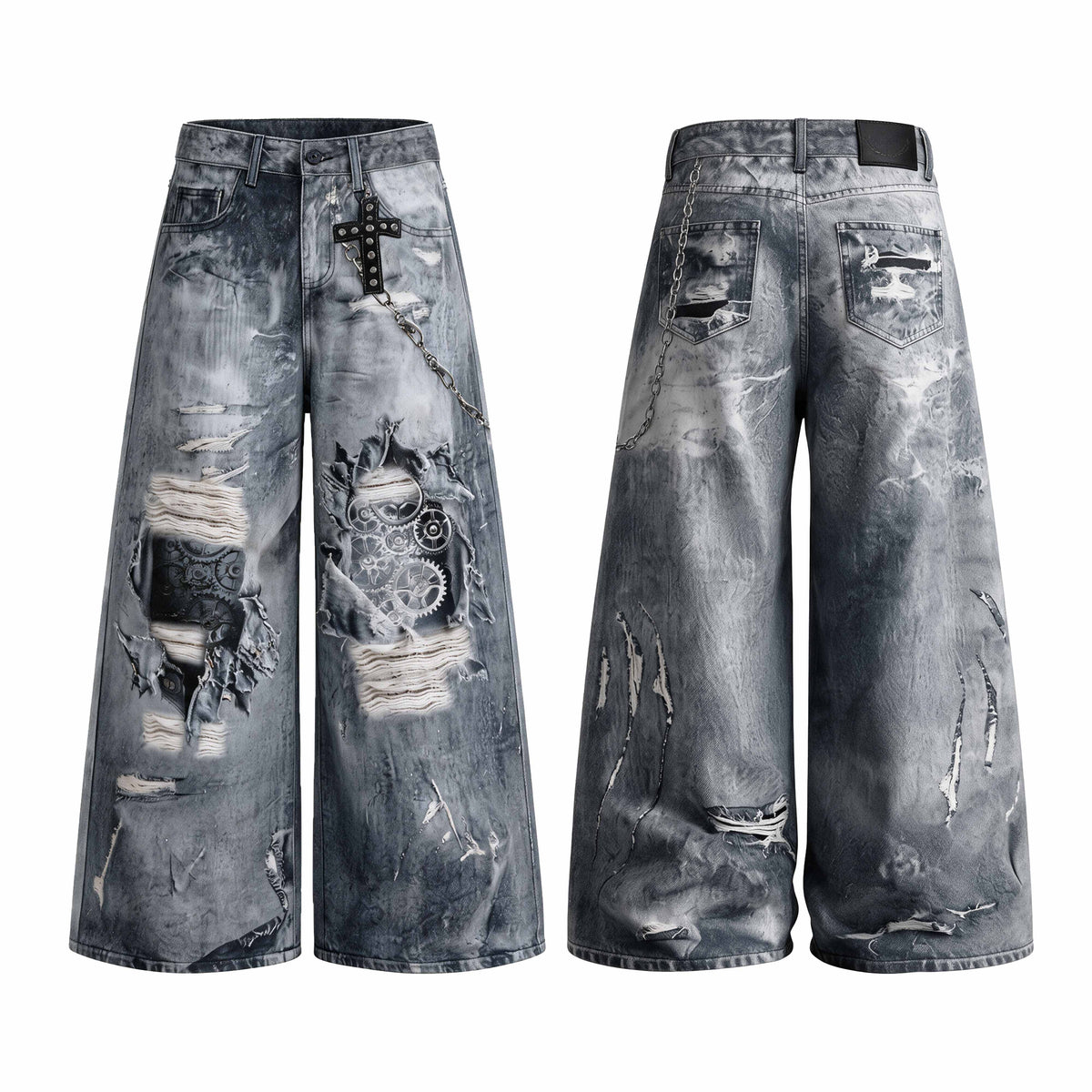 Omirad Distressed Gear Graphic Chain Wide-Leg Jeans
