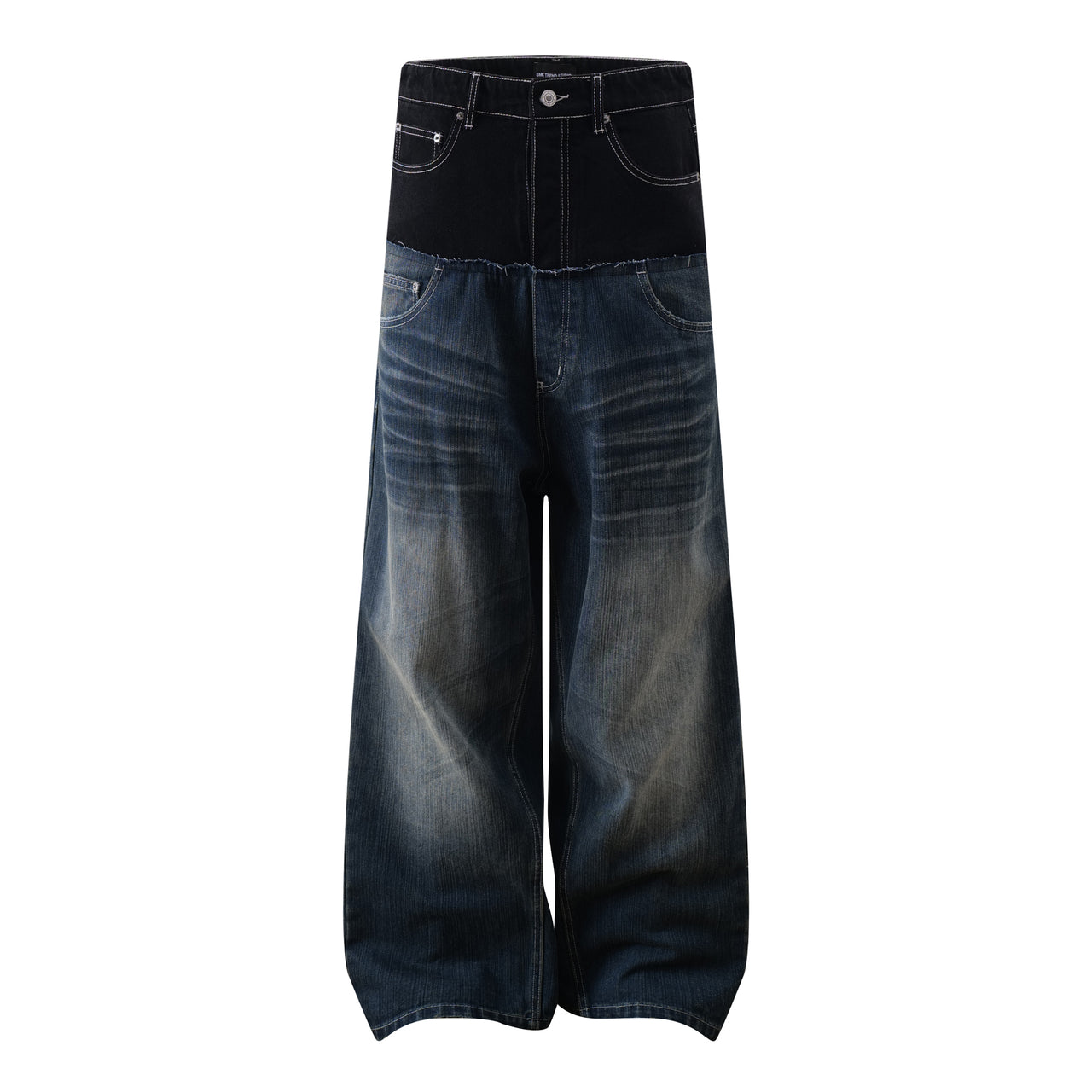 Double-Layer Double-Waist Patchwork Washed Vintage Wide-Leg Jeans