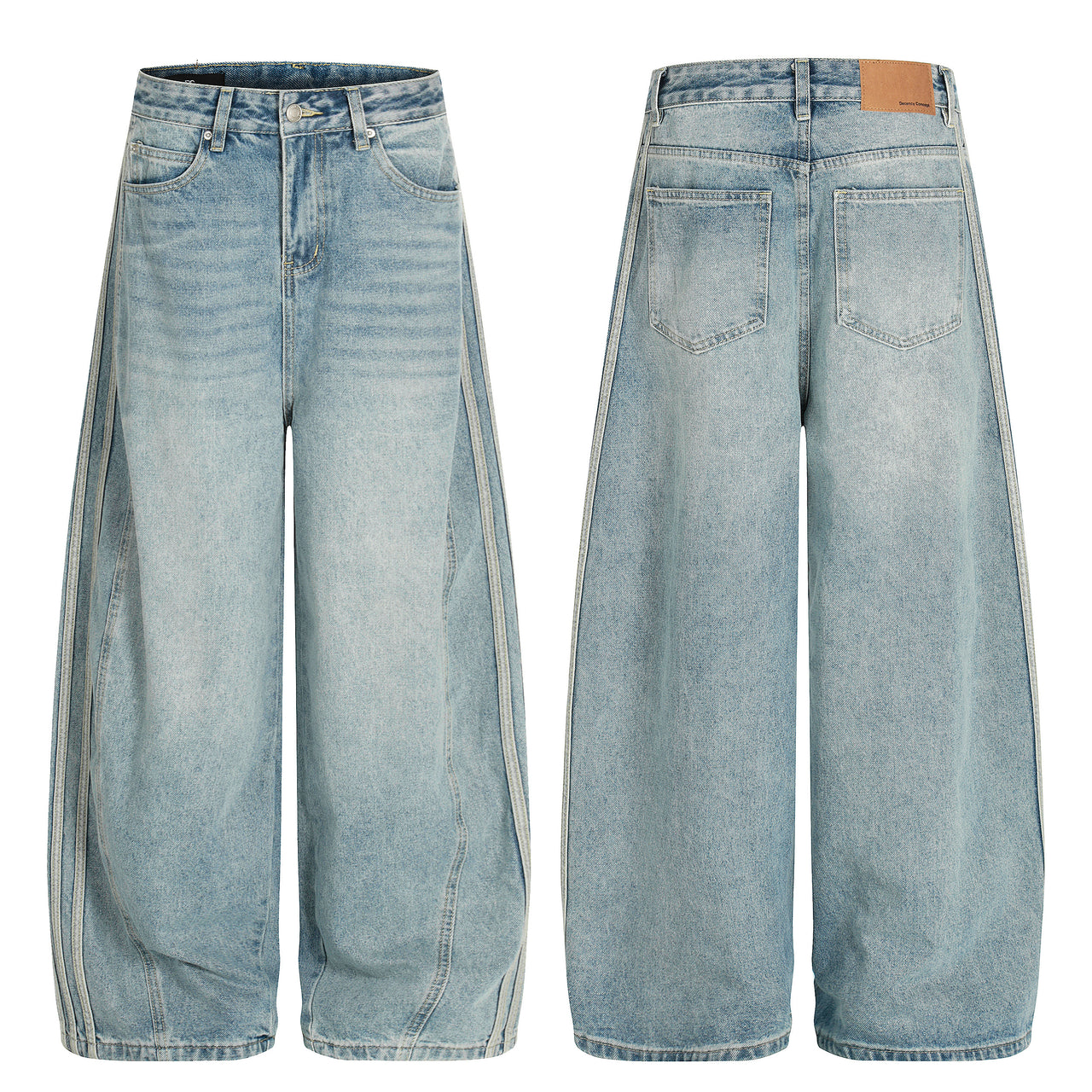 Whiskered Washed Curved-Cut Jeans