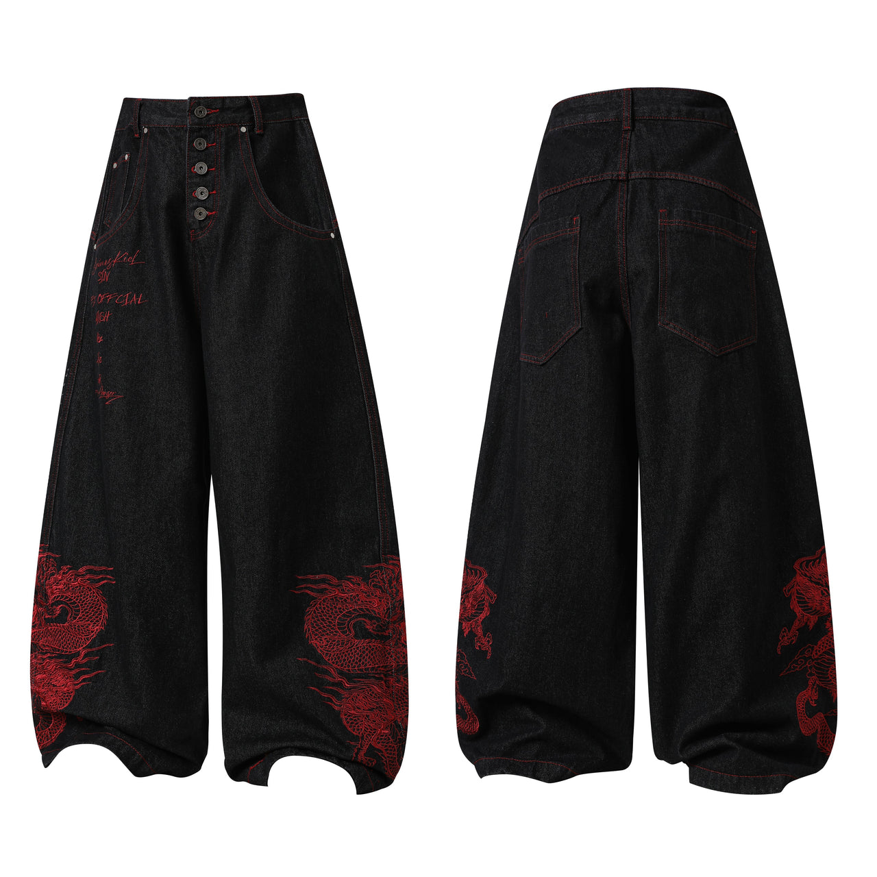 Omirad Dragon Embroidered Wide-Leg Denim Pants