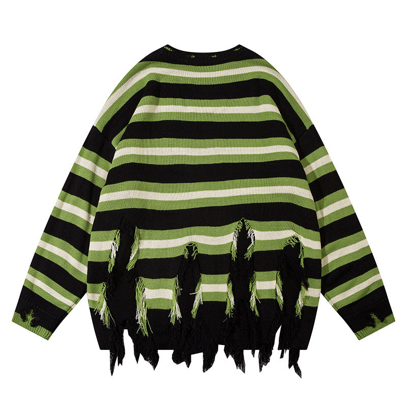 American Streetwear Striped Frayed Sweater