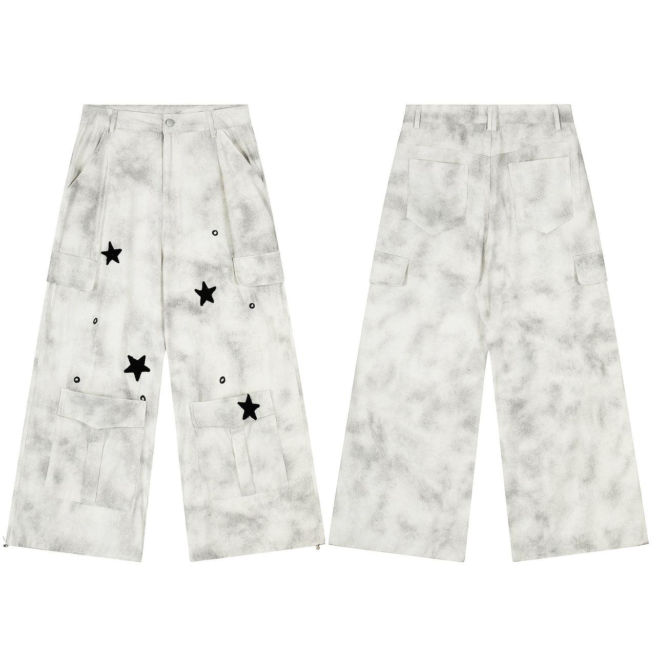 Streetwear Mud-Dyed Star-Embroidered Multi-Pocket Jeans