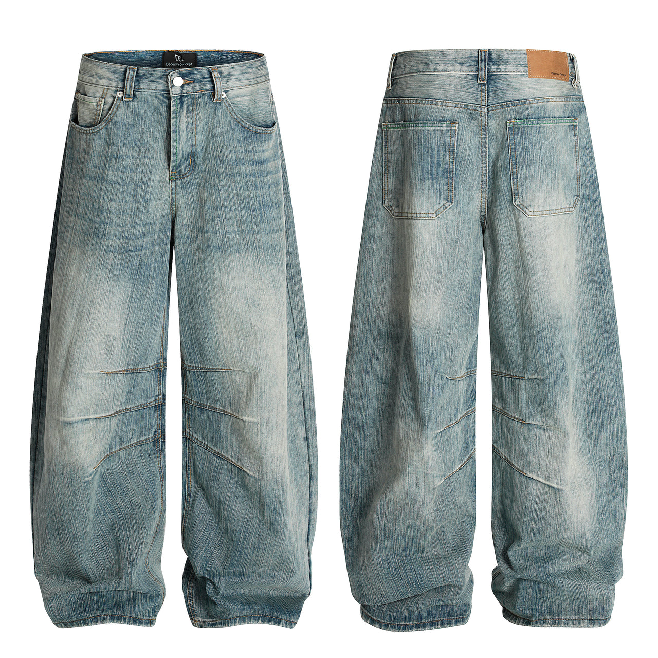 Stone-Washed Distressed Curved Blade Jeans