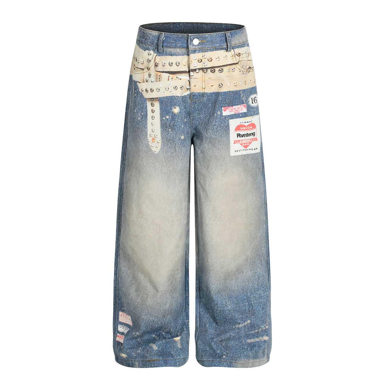 American Street Style Belted Graphic Jeans