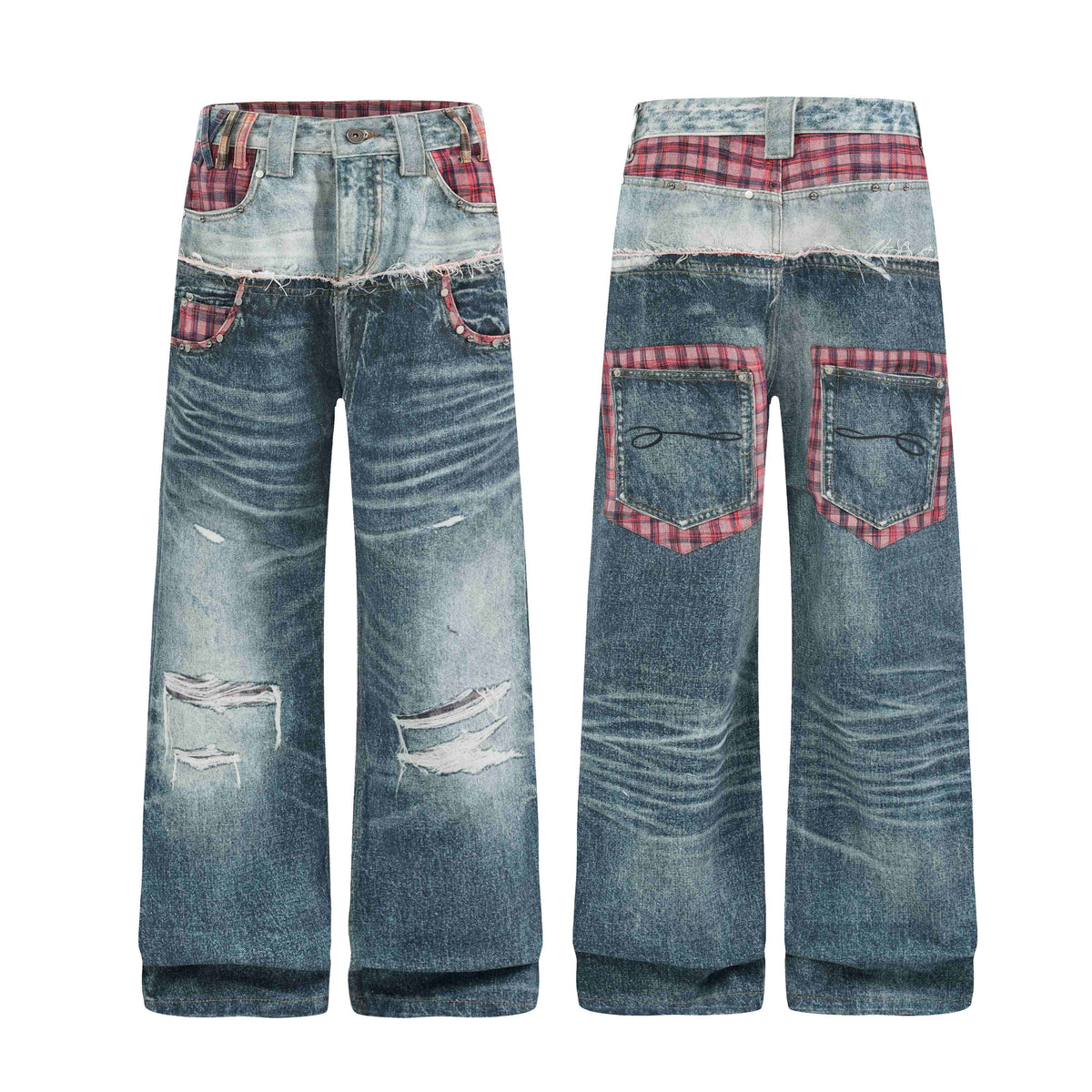 Omirad Plaid Layered Distressed Wide-Leg Jeans