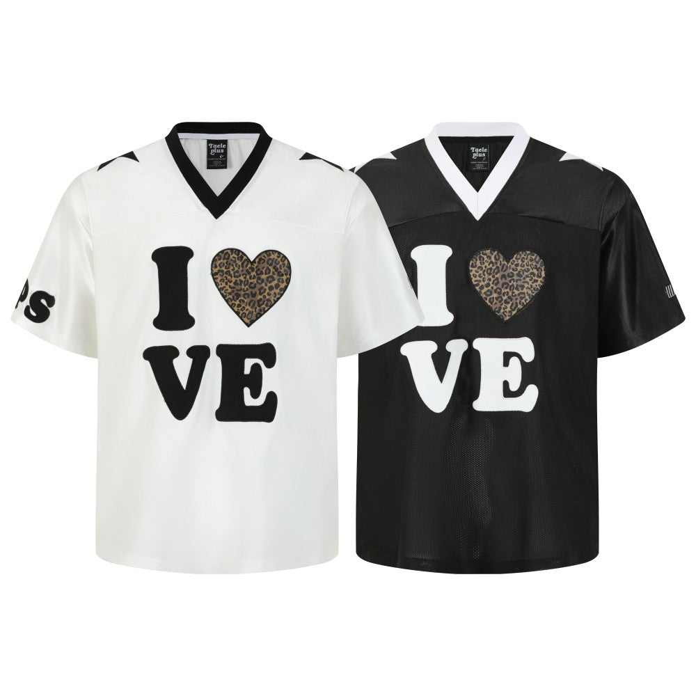 V-Neck Heart Color Block Leopard Print Mesh Tee