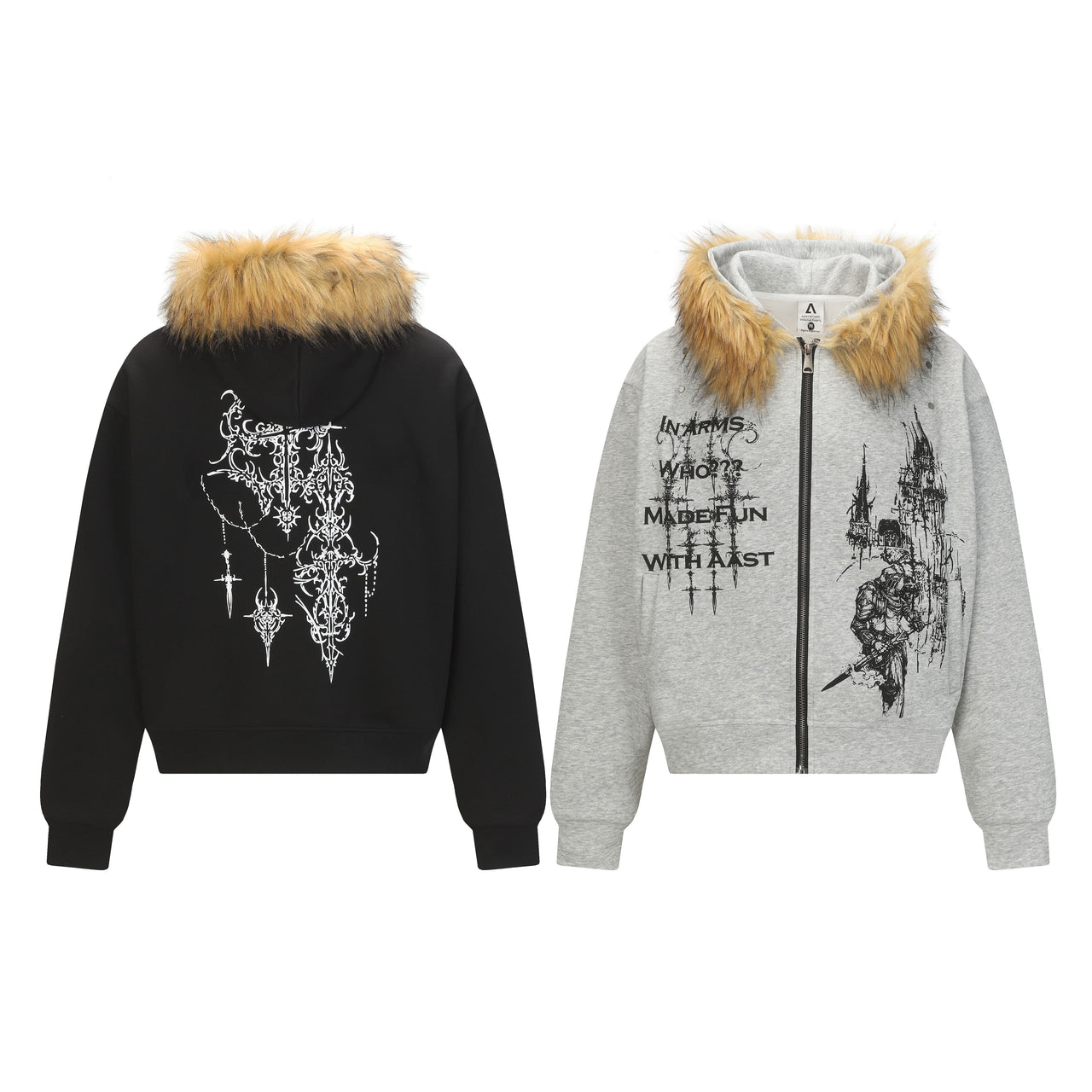 American Vintage Printed Cardigan with Fur Collar Hoodie