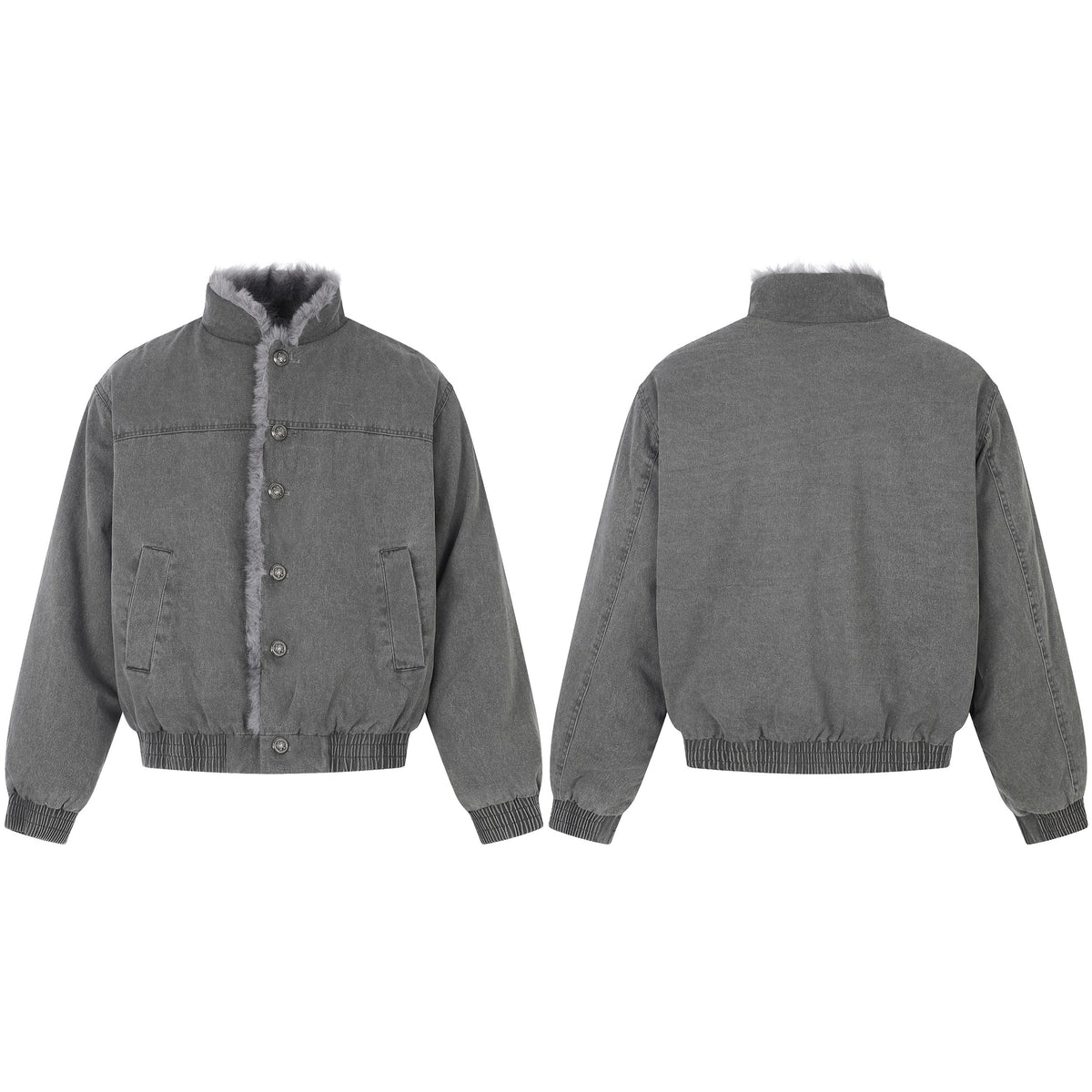 Omirad Faux Fur Trim Washed Button Bomber Jacket