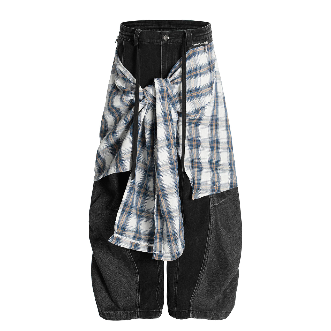 Streetwear Detachable Plaid Flare Curved Blade Jeans