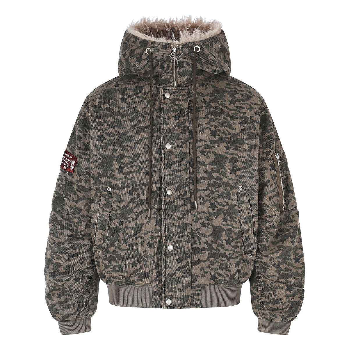 Omirad Camo Faux Fur Hood Utility Bomber Jacket