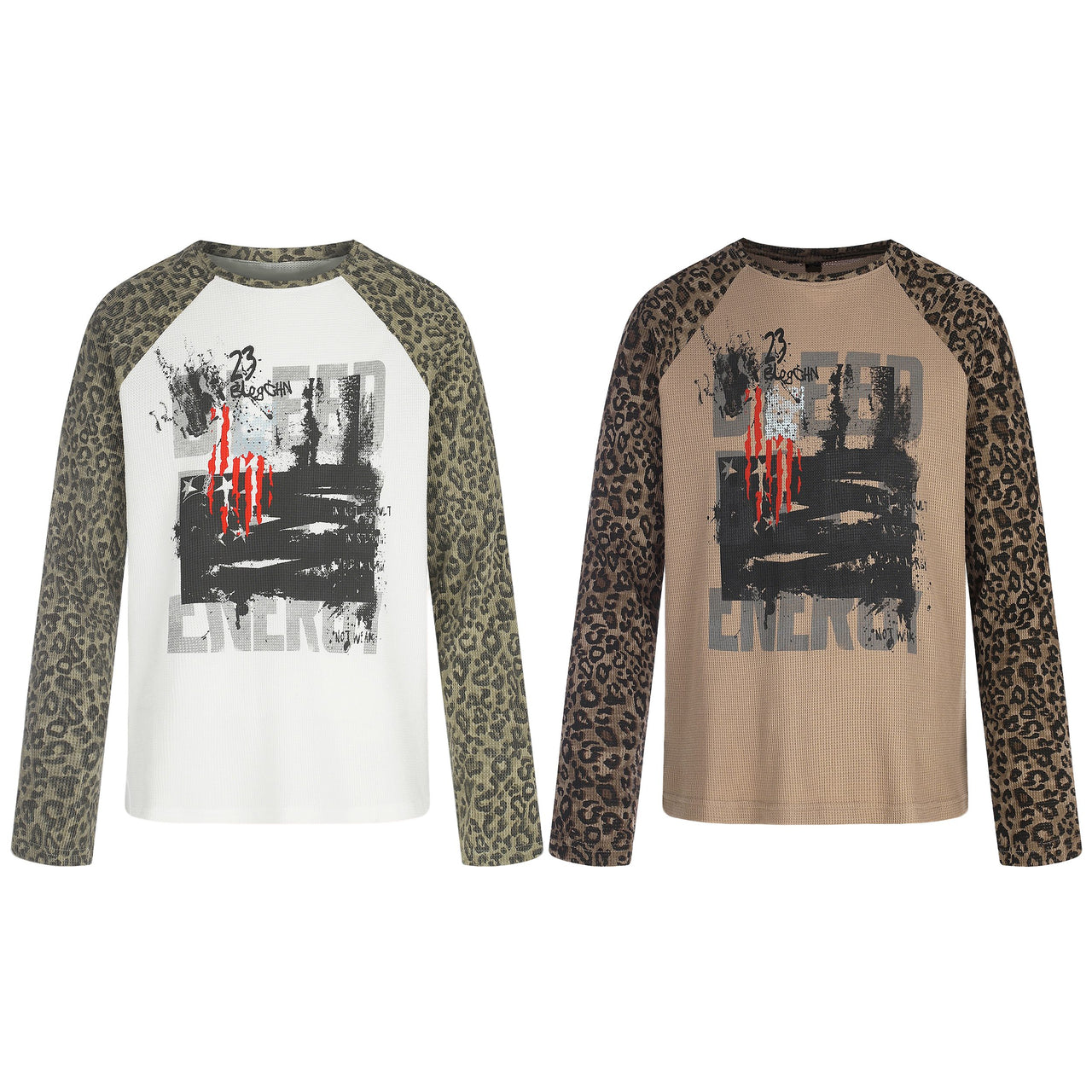 Omirad Leopard Sleeve Graphic Waffle Long Sleeve T-Shirt