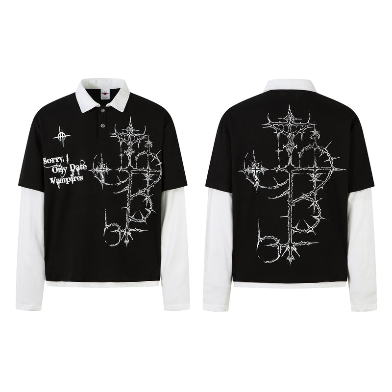 High Street Waffle Texture Letter Print Polo Sweatshirt