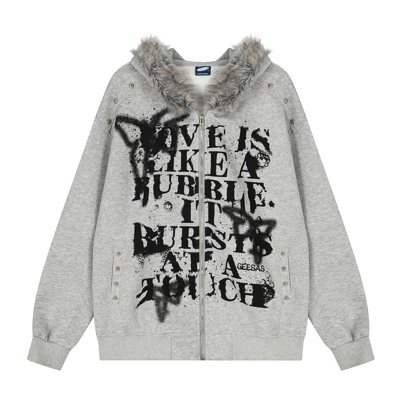 American Streetwear Zippered with Faux Fur Collar Hoodie