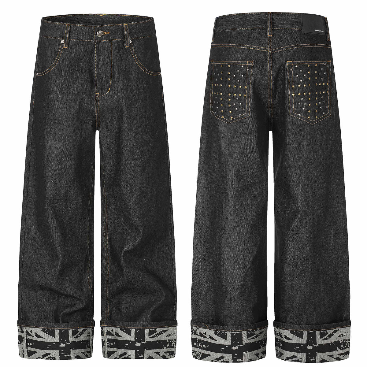 Omirad Studded Pocket Graphic Cuff Wide-Leg Jeans