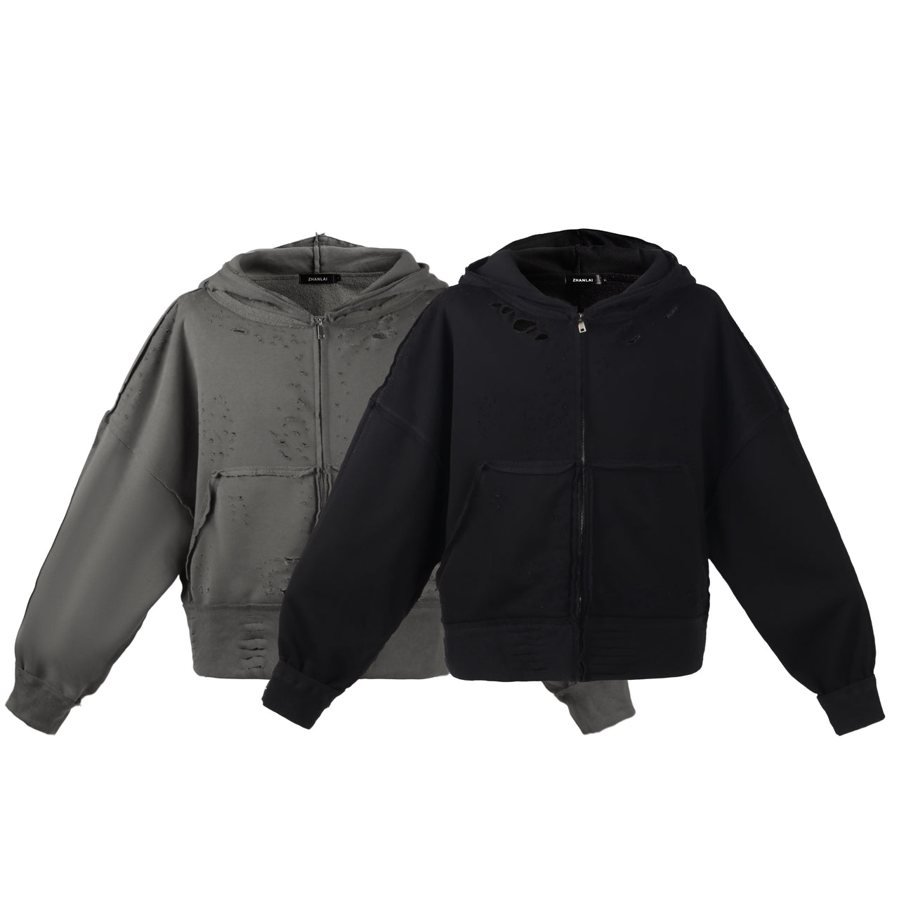 American Streetwear Destroyed Zip-Up Hoodie