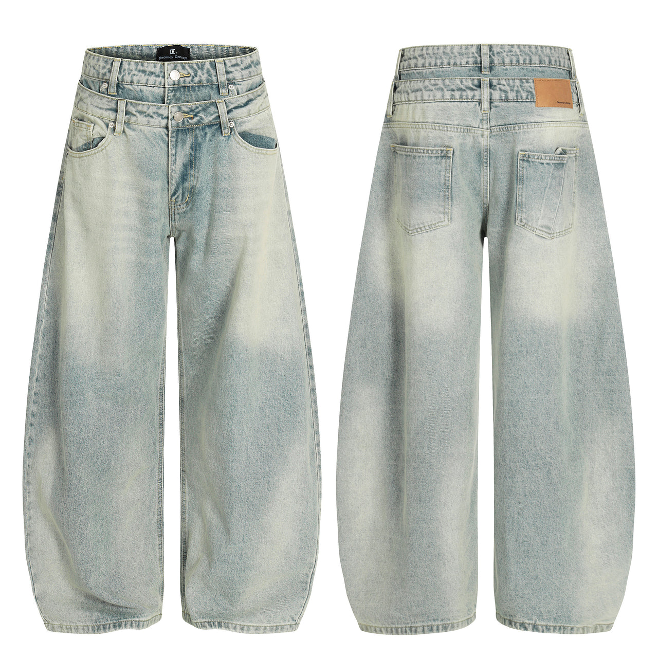 Vintage Double-Waist Curved-Cut Washed Denim Jeans