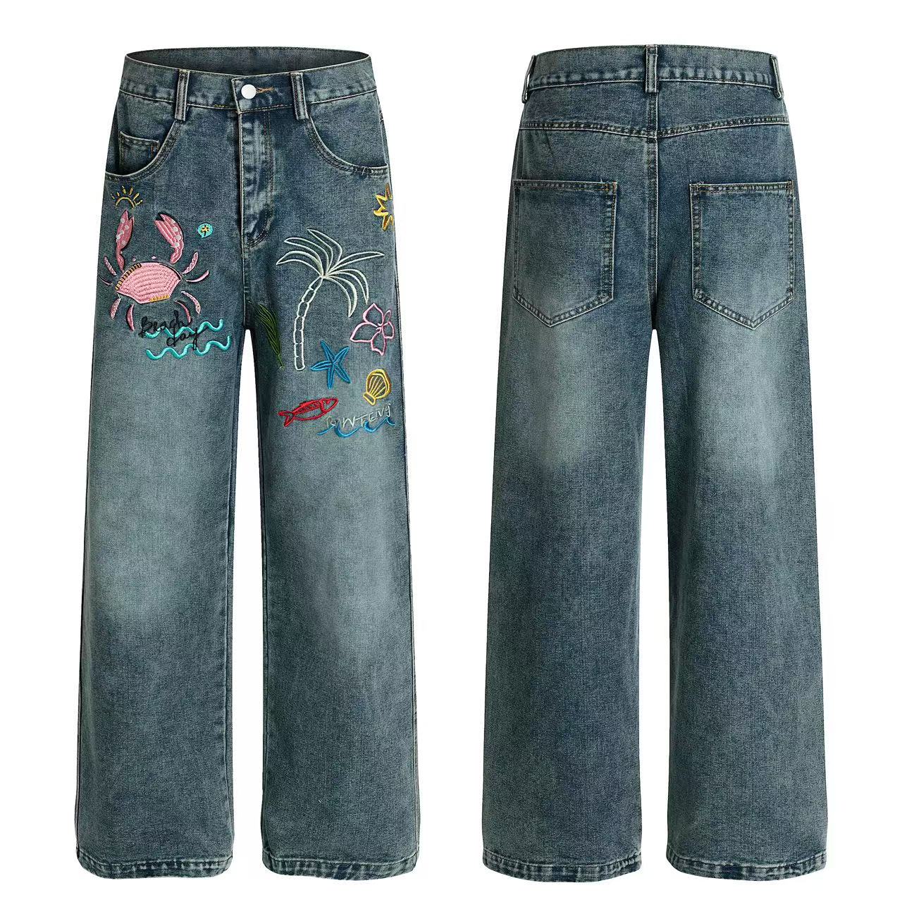 American Streetwear Cartoon Embroidered Jeans